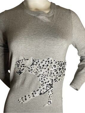 French Connection Gray Crewneck Sweater with Sequin Leopard